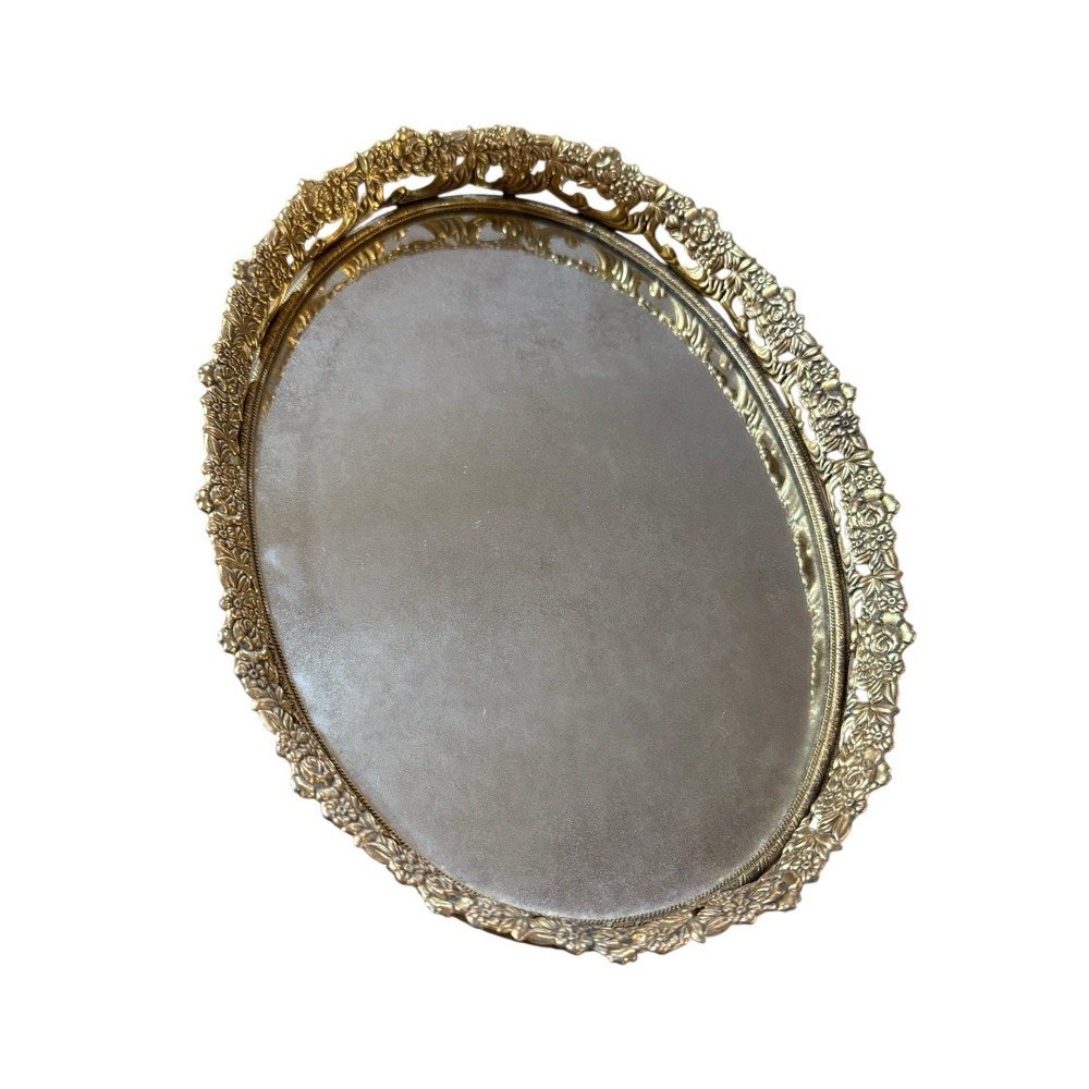 Vtg Oval Mirror Vanity Tray Gold Tone Filigree Floral Border Hollywood Glam 11"